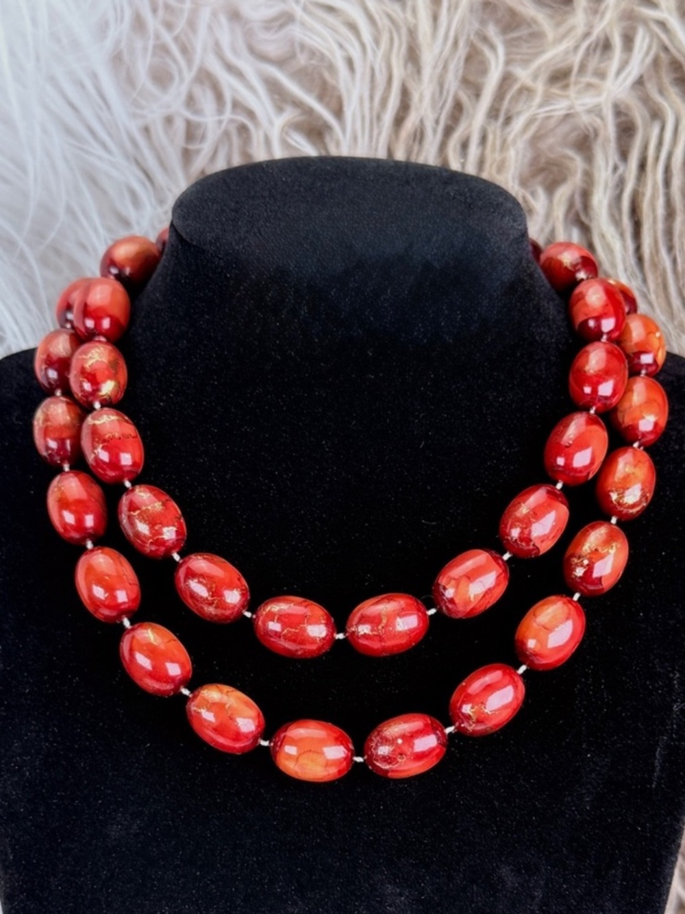 Vintage Marbled Rustic Beaded Necklace Gold Veining Long Statement